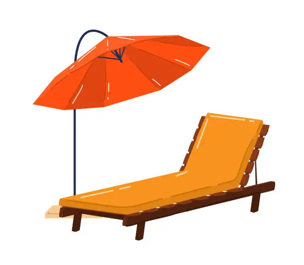 Vector illustration of Orange sun lounger with a blue umbrella on a white background. Beach furniture and summer vacations concept vector illustration