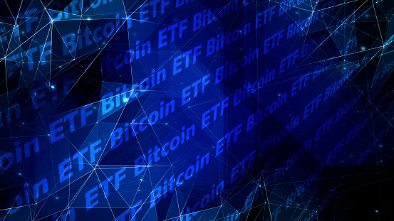 Background of bitcoin etf crypto and digital money securities exchange traded fund with falling transaction value and progress in etf investment, analysis, and infographic concept