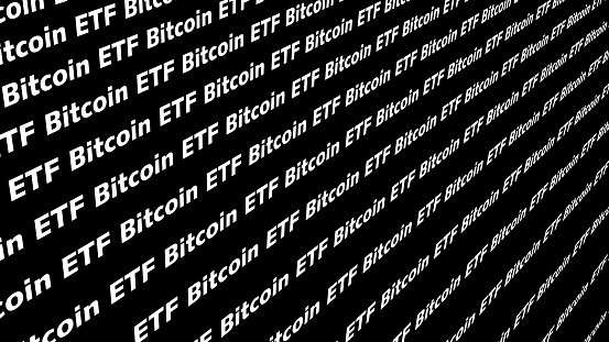 Bitcoin etf on black background digital asset securities exchange traded fund low fee financial investment with worldwide interest, stability, and growth in virtual currency market