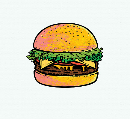 Classic American burger in bright silk screen Pop art style