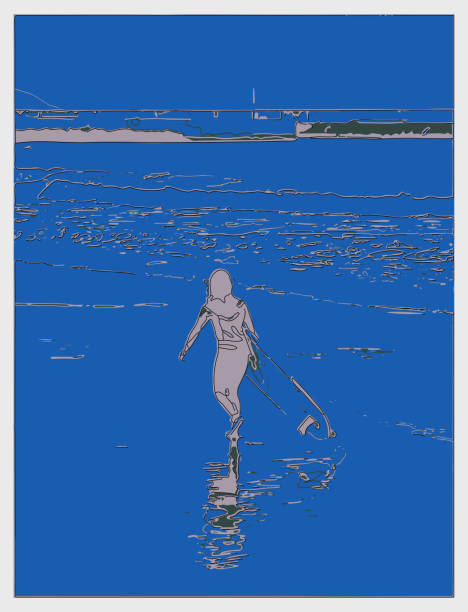 istock outline Risograph style women take paddleboard in beach illustration scene background 1922246399