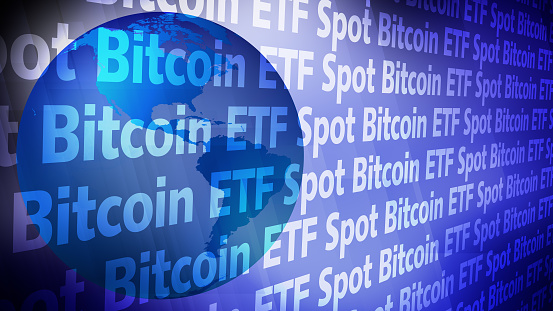 Bitcoin spot etf digital money in rotating world of exchange traded funds and crypto currency revolutionizing financial industry with high growth and income opportunities