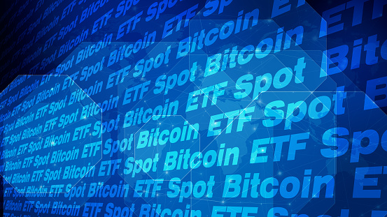 Business strategy spot bitcoin etf soars as digital money investment fund profits from high growth trend on world map backdrop of crypto currency evolution