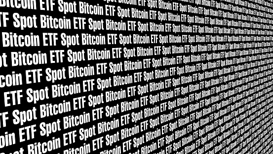 Etf spot bitcoin etf on black background contract for virtual currency investors seeking financial progress and income in stock market as price falls according to reports