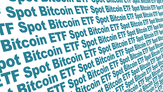 Digital money spot bitcoin etf on white background future of crypto investment. Profitable opportunity to hold shares in digital asset with low risk and high potential for profit