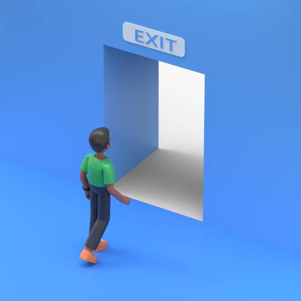 3D illustration of handsome afro man David follows the indicated path to the exit through an open door, an escape route.3D rendering on blue background.