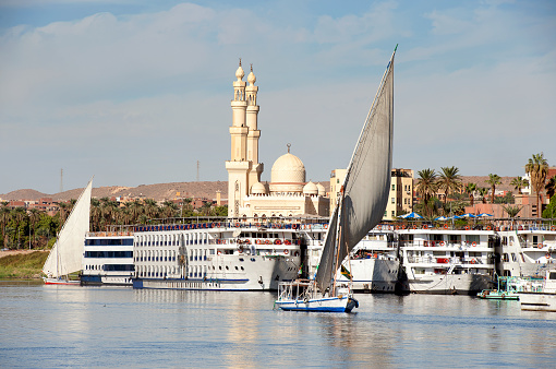 An Egyptian man sails a felucca on the Nile River several miles north of Aswan, in Upper Egypt.