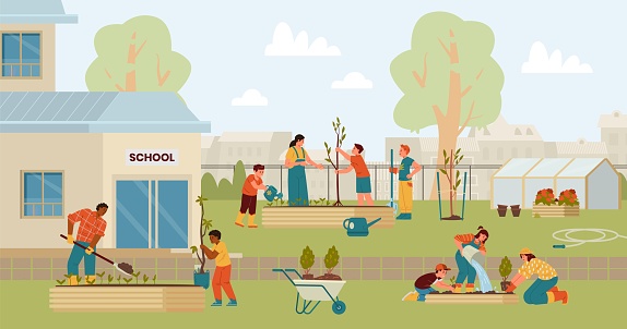 Teachers and children planting trees and bushes in the school backyard flat vector illustration. School garden with people, greenhouse, beds, cart, freshly planted trees and bushes.