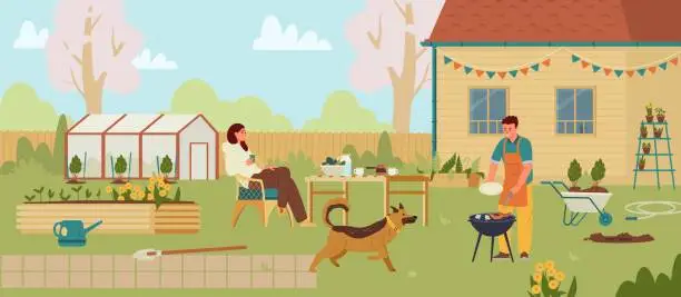 Vector illustration of Couple and a dog in the backyard having barbecue in Spring flat vector illustration. Spring gardening season in the countryside.