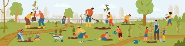 Vector illustration of Multiracial group of people working in community garden. Adults and kids planting trees and bushes outdoors vector horizontal banner.