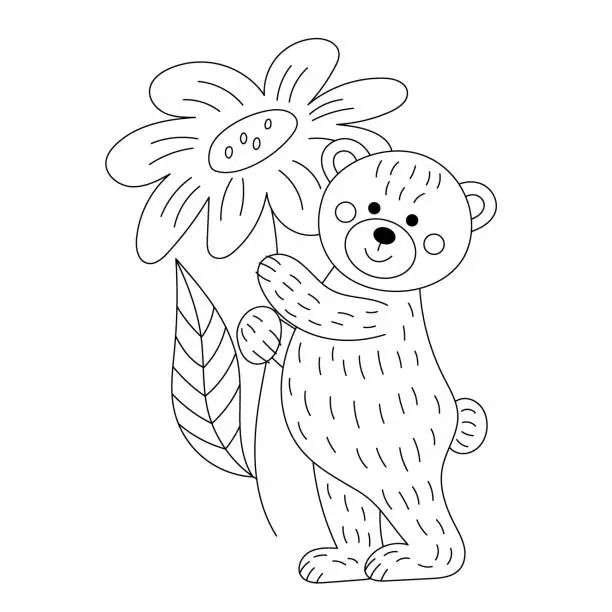 Vector illustration of Teddy bear with flowers. Illustration for Valentine's day. Linear drawing for coloring.