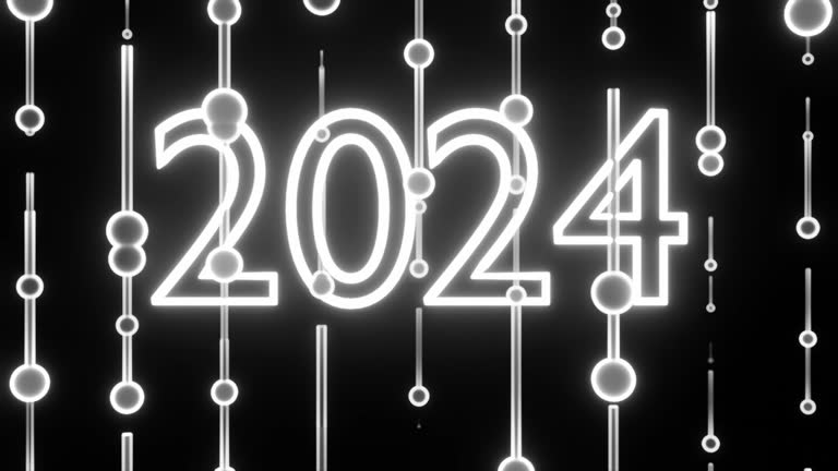 Happy new year 2024 seamless loop background. Black and white style streaks. loop seamless new year background 2024. Neon lights Christmas motion backdrop. Abstract greeting card