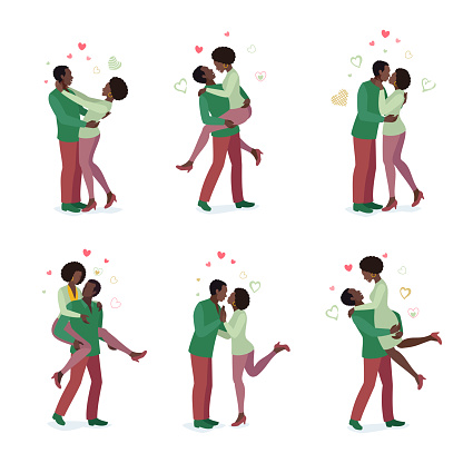 Set of African American loving couples embracing each other affectionately. Celebrating Valentine's Day. Joyful Embrace.