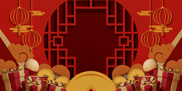 Happy chinese new year 2024 the dragon zodiac sign with red and gold charm, Symbolizing prosperity and richness. Luxurious 3D illustrations for festive greeting cards and podium displays