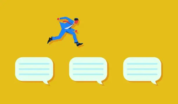 Vector illustration of Man jumping on chatbot messages vector illustration