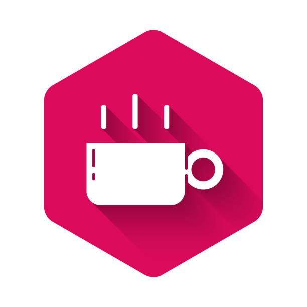 White Coffee cup icon isolated with long shadow. Tea cup. Hot drink coffee. Pink hexagon button. Vector White Coffee cup icon isolated with long shadow. Tea cup. Hot drink coffee. Pink hexagon button. Vector. Hexagon stock illustrations