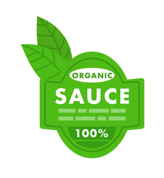 Vector illustration of Green organic sauce label with leaf emblem. 100 natural product sticker. Eco-friendly food packaging badge vector illustration