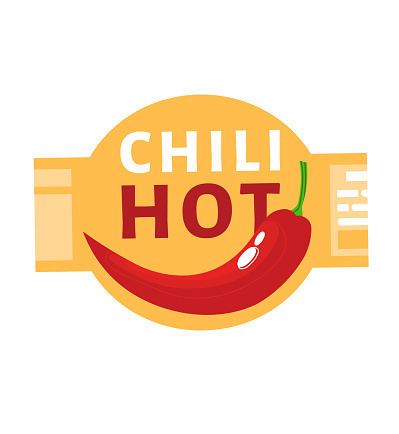 Red chili pepper on a yellow background with bold white text 'CHILI HOT'. Spice level concept and hot flavor design. Restaurant menu and spicy food vector illustration.