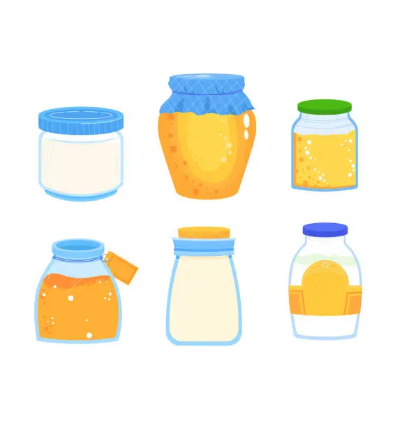 Vector illustration of Collection of various honey jars with labels and lids. Different styles of honey containers with golden liquid inside. Kitchen and food, sweet organic product vector illustration