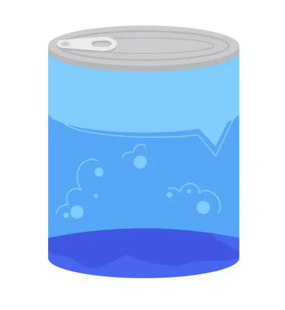 Vector illustration of Blue soda can with transparent effect, showing bubbly liquid inside. Carbonated beverage tin design, isolated. Creative packaging design vector illustration