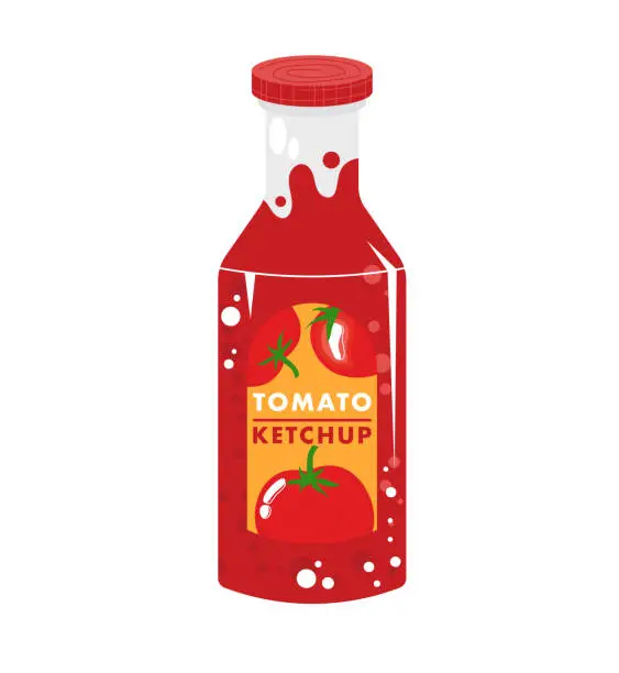 Vector illustration of Red tomato ketchup bottle with label and splashes. Cartoon condiment container. Grocery shopping and fast food theme vector illustration