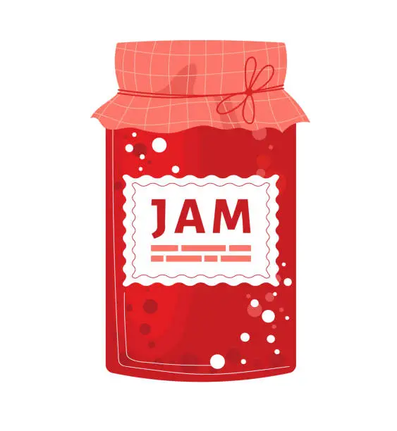 Vector illustration of Red jam jar with checkered lid and label, strawberry or cherry preserve. Homemade fruit spread, canning and preserving vector illustration