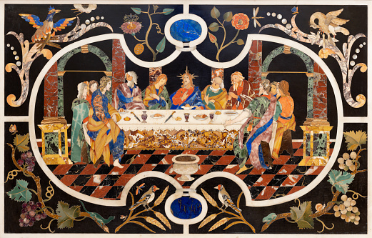 Vicenza - The stone mosaic (Pietra Dura) of Last Supper on the main altar in the chruch Chiesa di Santa Corona by Corbarelli  (1670-1671).