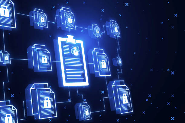 istock Creative digital chain of documents on blurry background. Security, data, login and e-signature concept. 3D Rendering. 1922334519