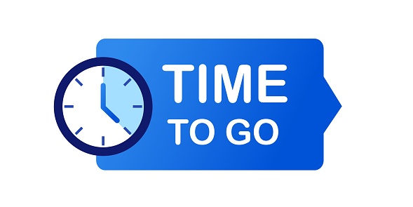 Time to go sign. Flat, blue, clock icon, time to go sign icon. Vector icon