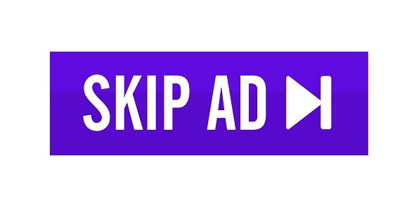 Skip ad button. Flat, purple, skip button, skip ad icon. Vector icon