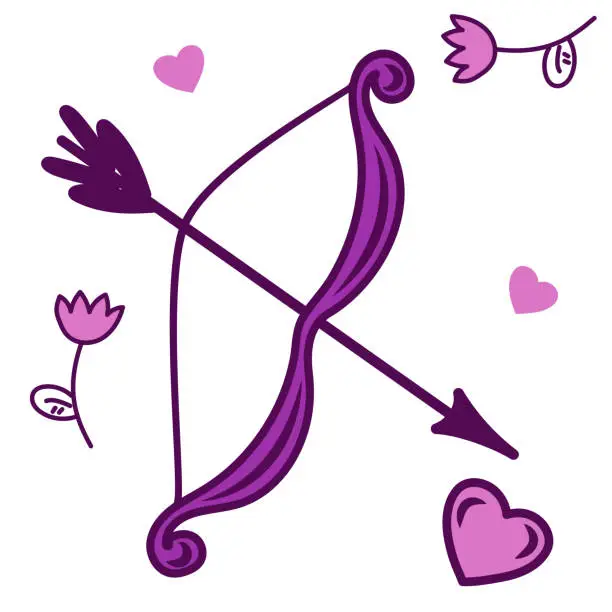 Vector illustration of Cupids bow and arrow  Vector, cartoon style. Valentine s Day cards, or social media posts On a white background.