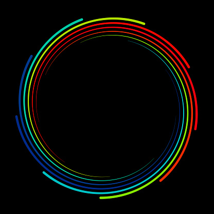 Multicolored neon light trails forming concentric circles against a stark black background