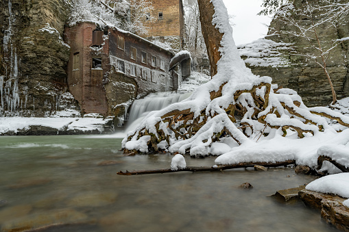 Winter abandoned Mill at Wells Falls, Businessman's Lunch Falls, on Six Mile Creek Ithaca, NY.