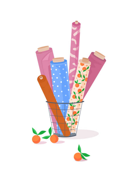 Rolls of colored fabric in metal basket in sewing workshop or textile store. Pattern with oranges and polka dots. Rolls of colored fabric in metal basket in sewing workshop or textile store. Pattern with oranges and polka dots. Side view. Vector illustration isolated on white background. stacking food containers stock illustrations