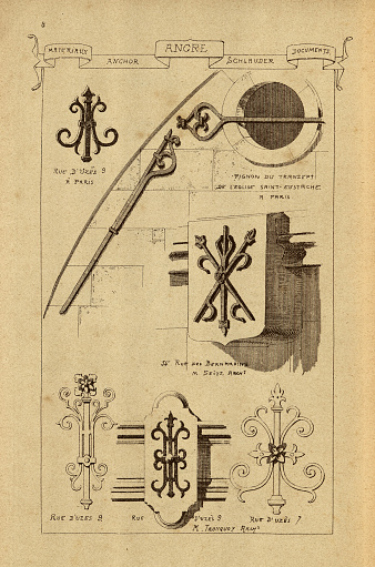 Vintage illustration Architectural anchor, ironwork, History of architecture, decoration and design, art, French, Victorian, 19th Century