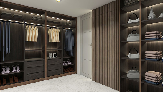 Showcase clothes and wardrobe display cabinet with industrial style. Using dark brown wooden furnishing and interior lighting, suitable for interior fitting room.
