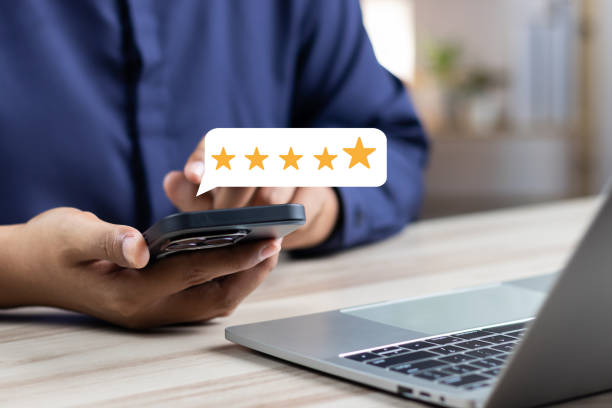 istock Online customer satisfaction Survey service concept, client rate service from experience in application,Consumer give five-Stars and feedback review for quality, Business reputation ranking from buyer 1922388431