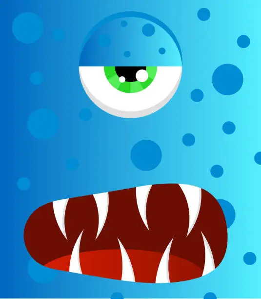 Vector illustration of Ugly Scary Blue Monster with Pimples and Long Sharp Fangs