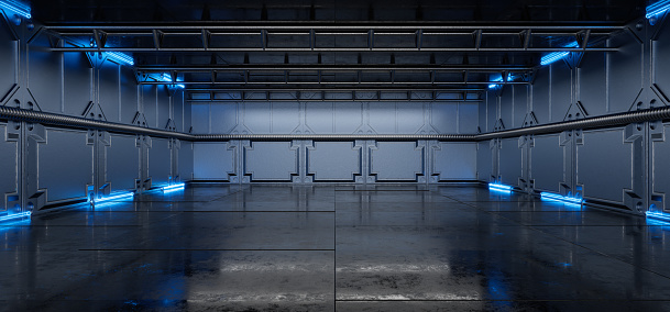 Showroom. Blue LED lights. Concrete. Garage. Futuristic corridor. Hangar. Concrete hangar for your design illuminated by floodlights. Futuristic background. Futuristic podium. 3D rendering