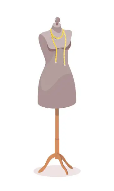 Vector illustration of Vintage female mannequin without clothes for dressmaker or fashion designer. Measuring tape is thrown over top of manikin.