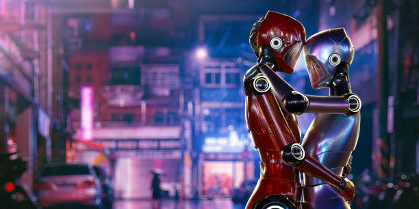 Close up image of a red and silver robots in an intimate embrace with foreheads touching, standing outside in a downtown are with shops and bright neon lighting at nighttime. Shot with long lens, and selective focus on the robots.