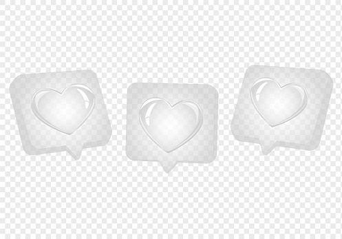 Transparent  heart textbox, Love icon, social media emoji, sticker reaction.Set of heart in speech bubble icon. 3d vector illustration.