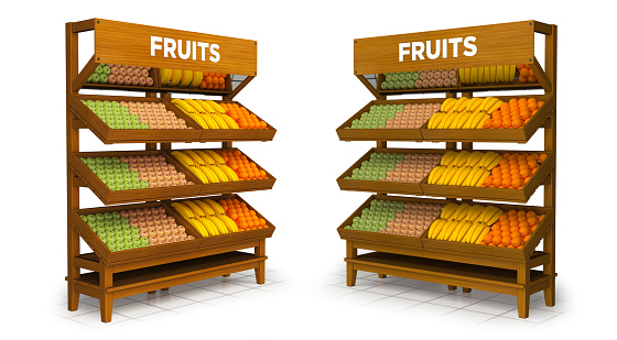 Supermarket wooden fruit display stand. 3d illustration isolated on white