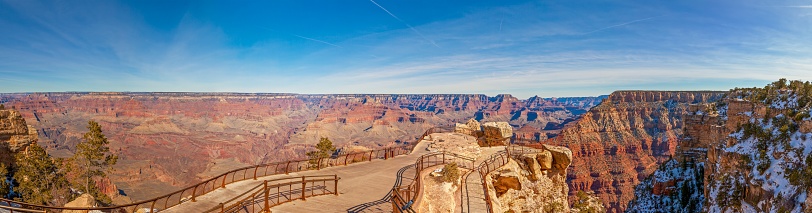Panoramic image over the Grand Canyon from the South Rim during sunrise in winter