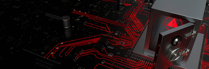 Unsecured information on a computer circuit board with a conceptual open safe on the processor 3d render