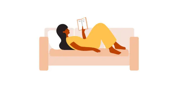 Vector illustration of Vector illustration of read literature story with young woman spending time at home lying on sofa reading book