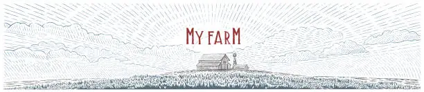 Vector illustration of Rural, morning landscape with a farm building drawing in engraving style.