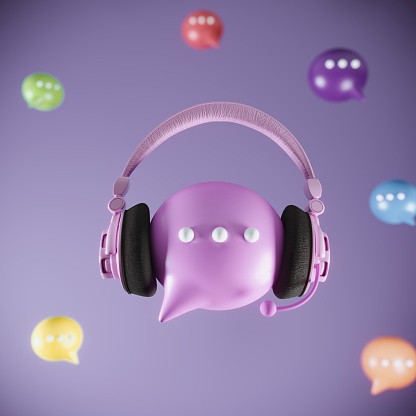 AI chatbot with speech bubbles on the purple background. (3d render)