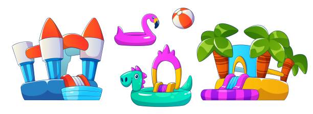 ilustrações de stock, clip art, desenhos animados e ícones de aqua park inflatable water slide and trampoline - bouncer