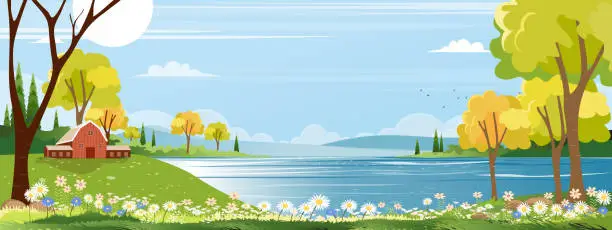 Vector illustration of Panorama landscape of spring village with green meadow on hills with blue sky, Vector Summer or Spring landscape, Panoramic countryside of green field with farmhouse, barn and grass flowers